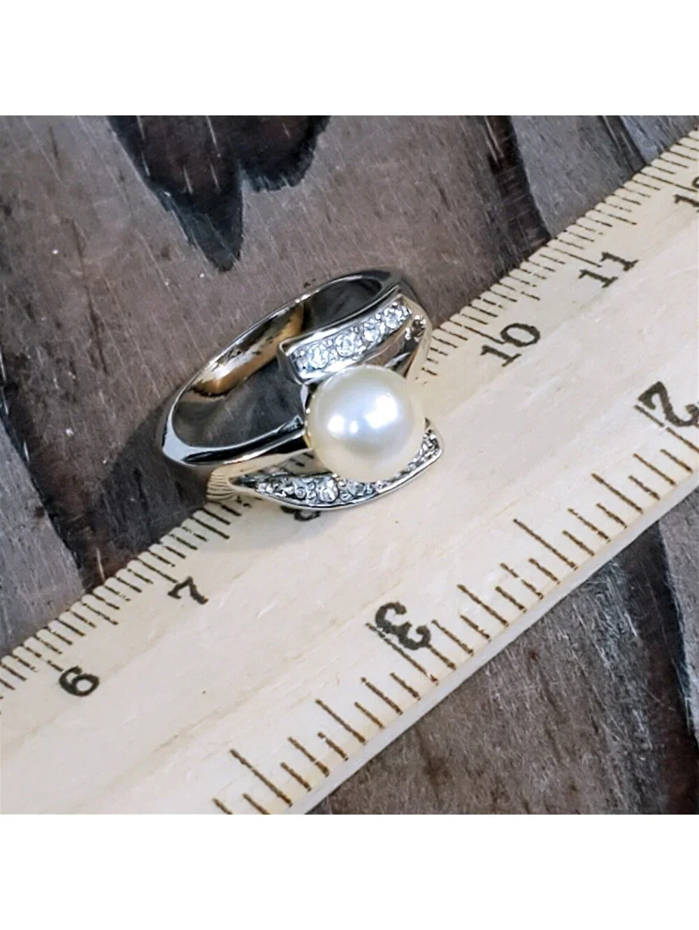 Silver Platinum Plated Austrian Crystal and Pink Cultured Pearl Ring Size 8